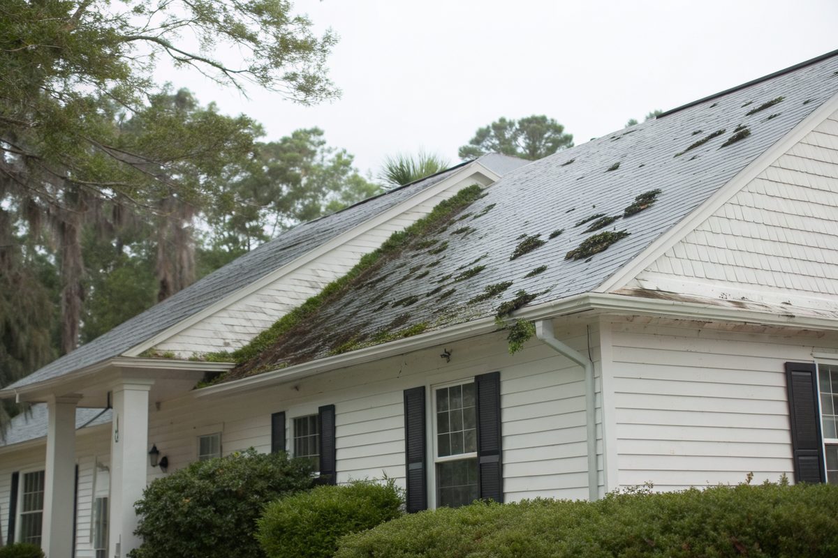 Dark algae streaks on a white shingle roof