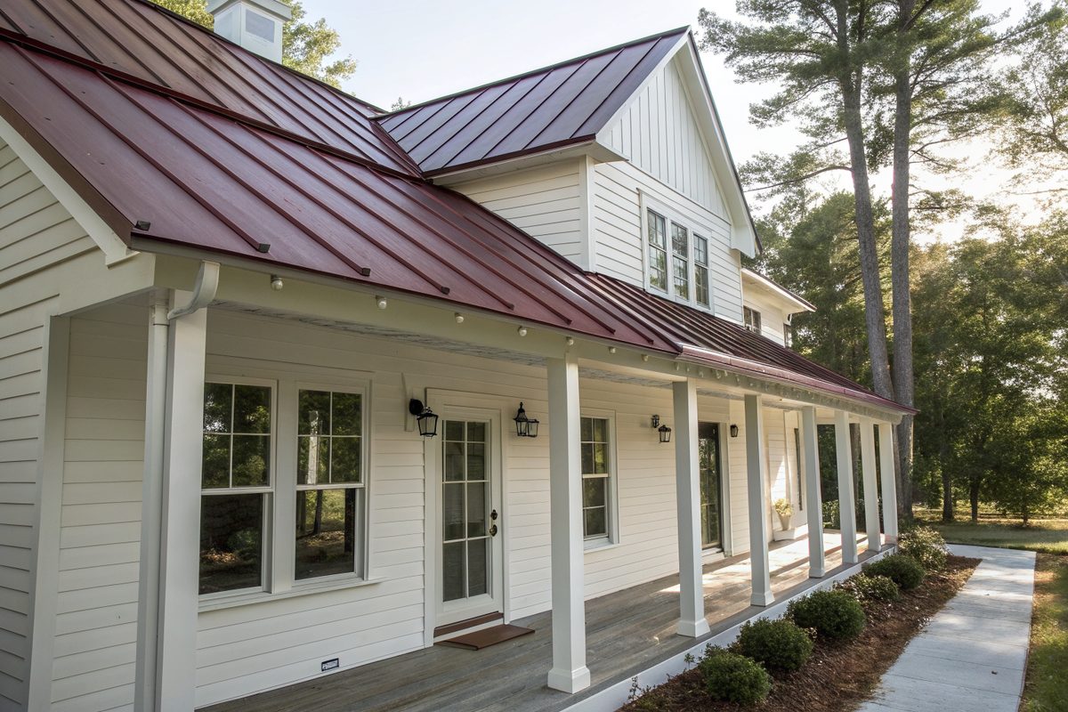 A burgundy standing-seam metal roof over a country porch