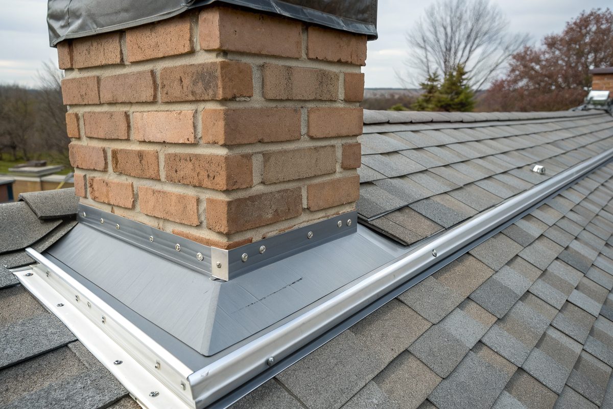 New metal flashing where a shingle roof meets a brick chimney