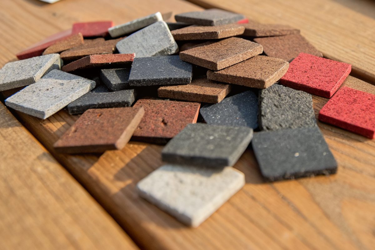 Shingle color samples fanned out on a kitchen table
