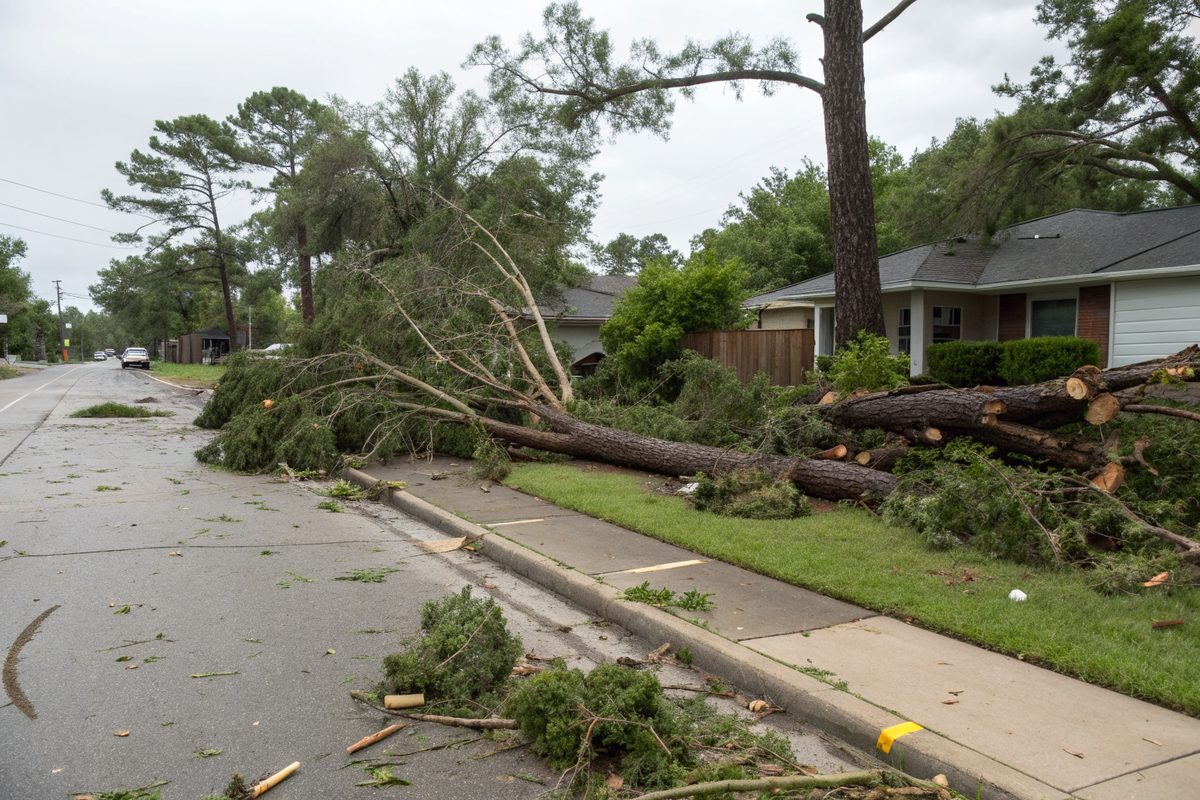 Broken limbs piled along a curb after a severe storm