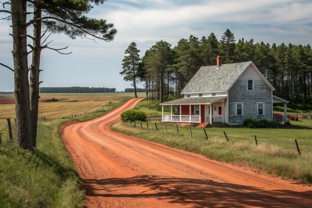 A farmhouse at the end of a red clay lane