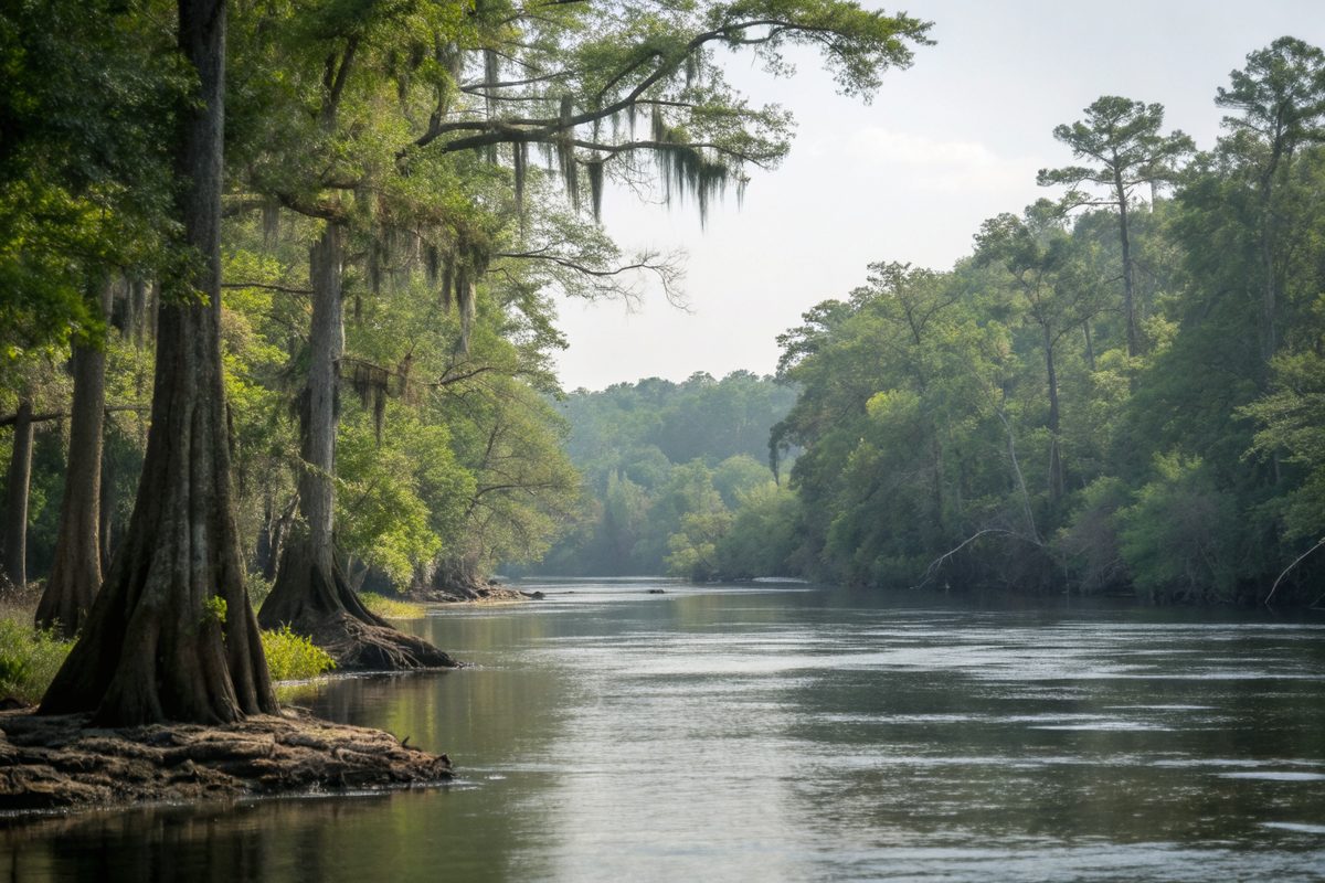 A clear river with limestone banks and cypress trees