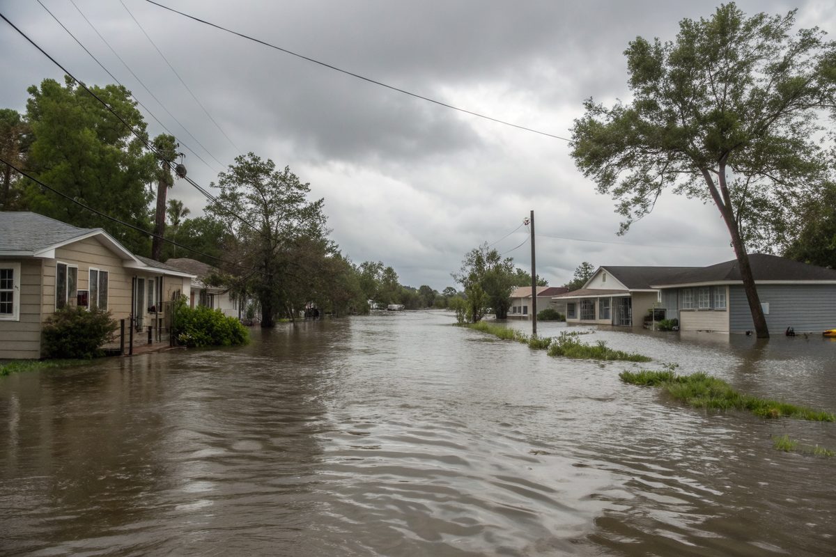 Floodwater covering a residential street