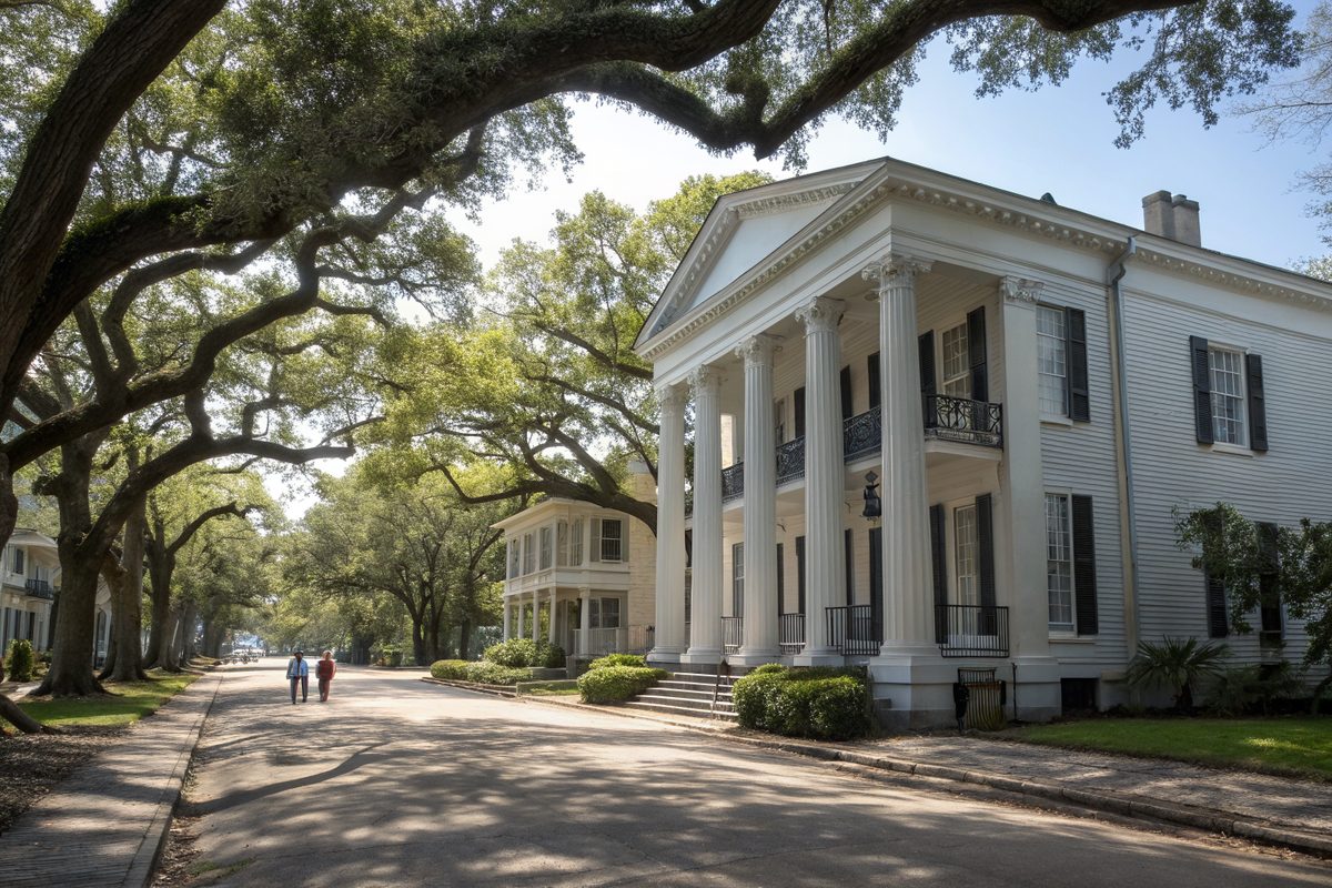 A white Greek Revival house with tall columns