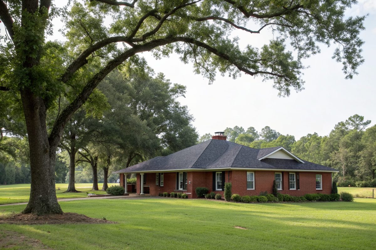 A brick ranch house with a charcoal roof under pecan trees