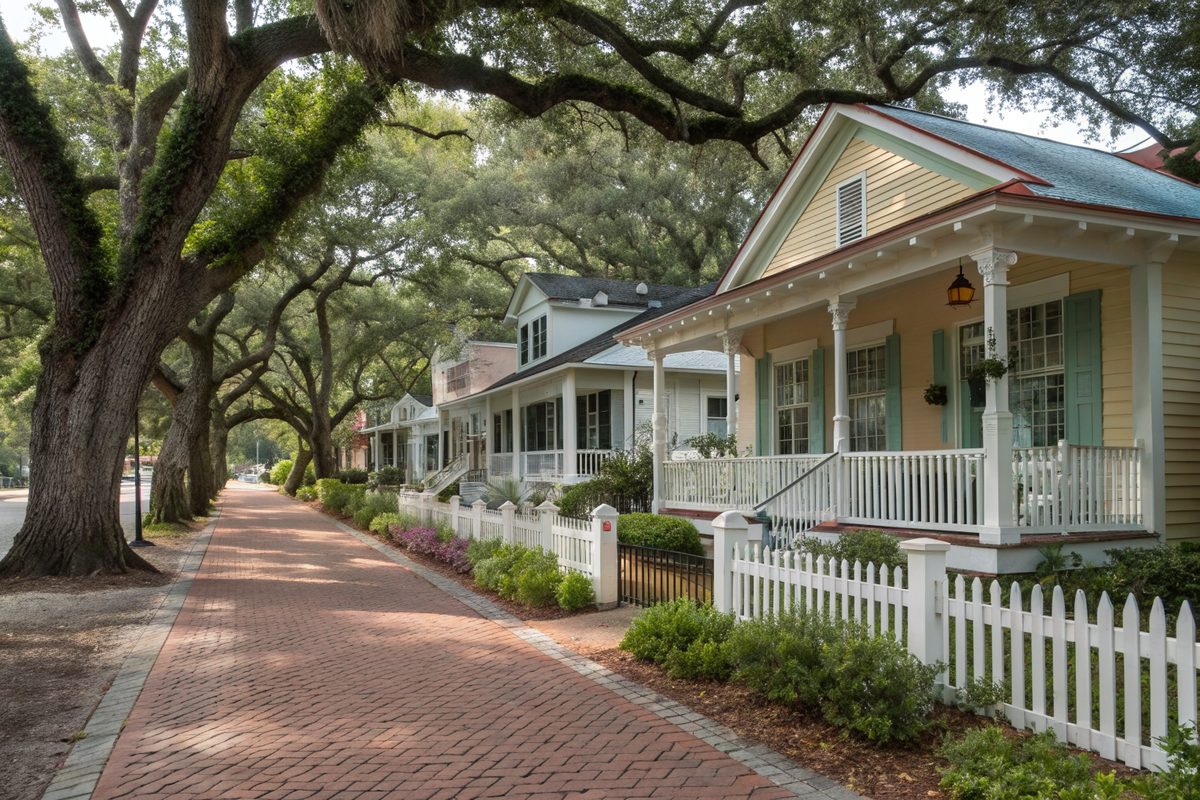 Restored bungalows with porches under live oaks