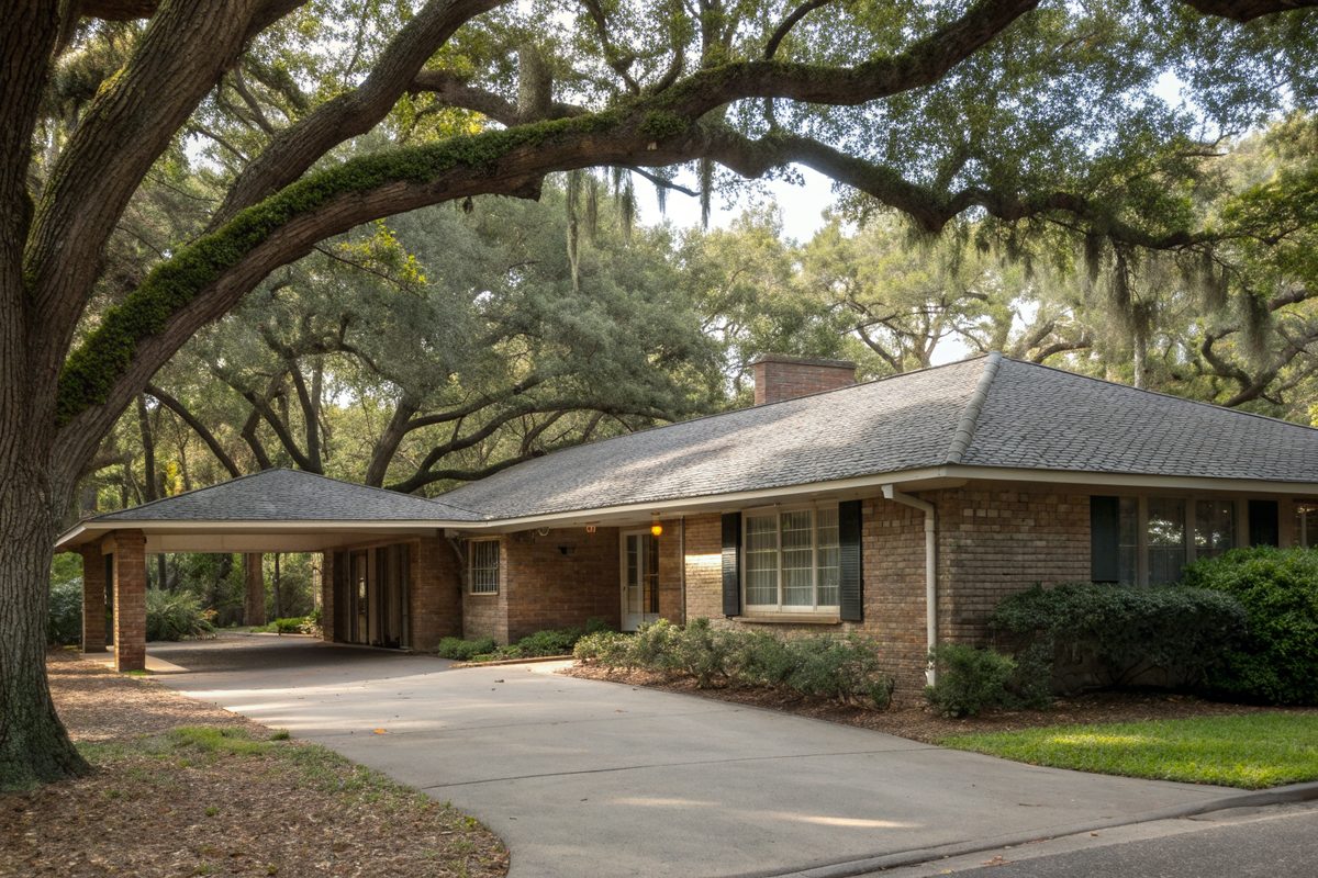 A mid-century brick ranch with a carport under live oaks