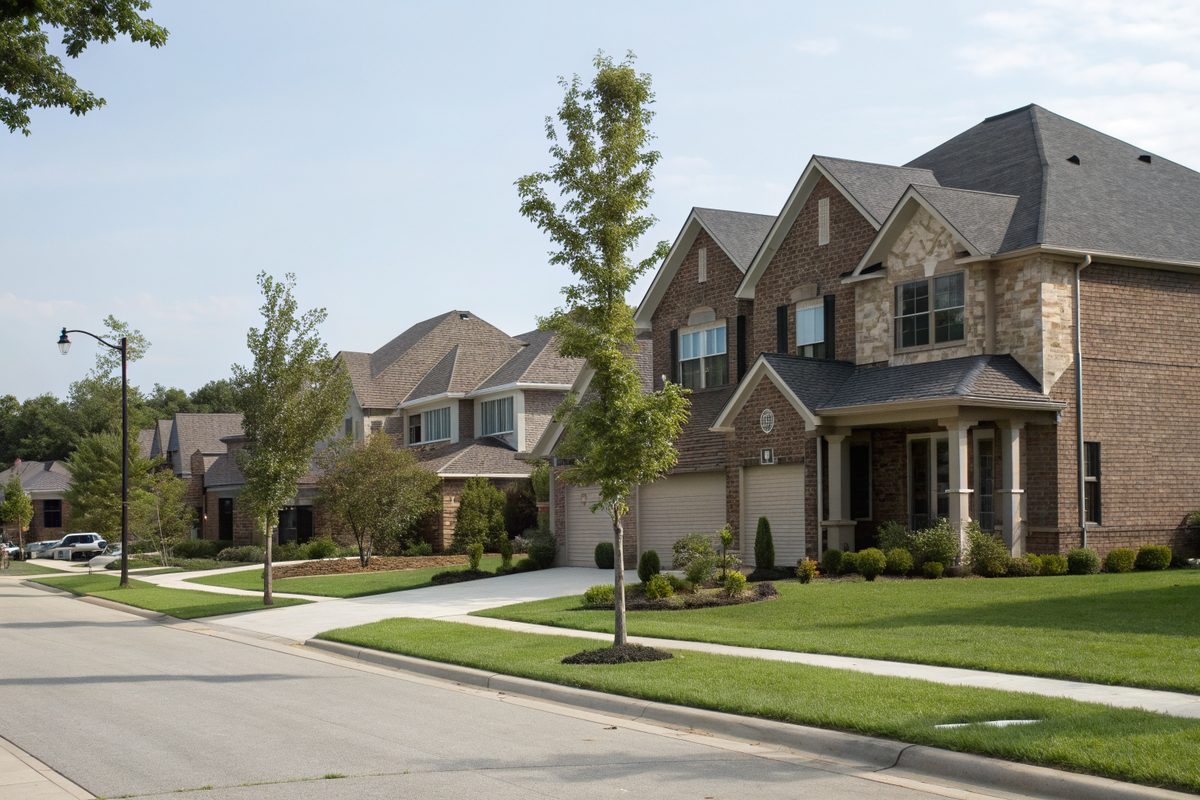 Newer two-story homes with gray roofs in a subdivision