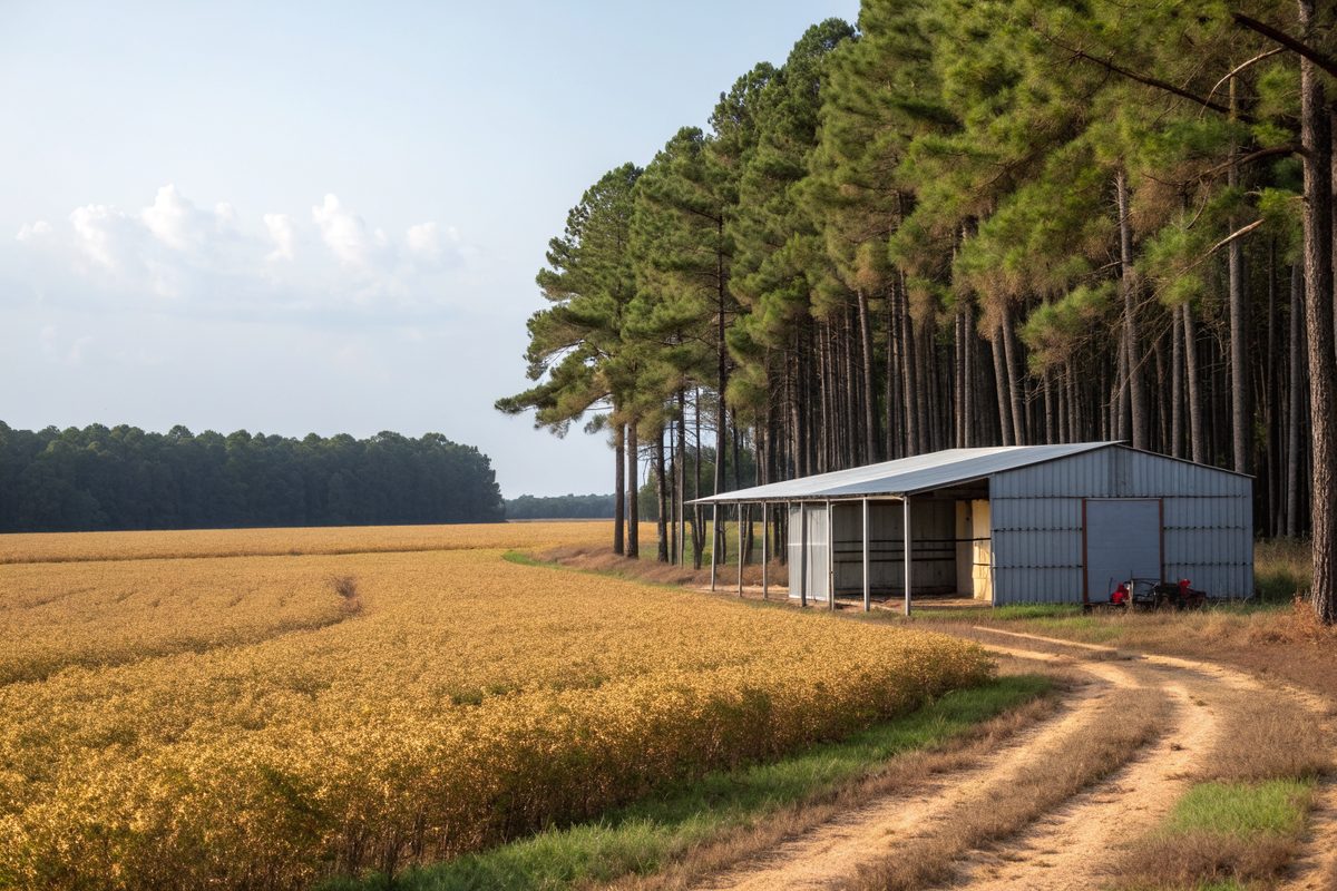 A metal equipment shed beside a peanut field