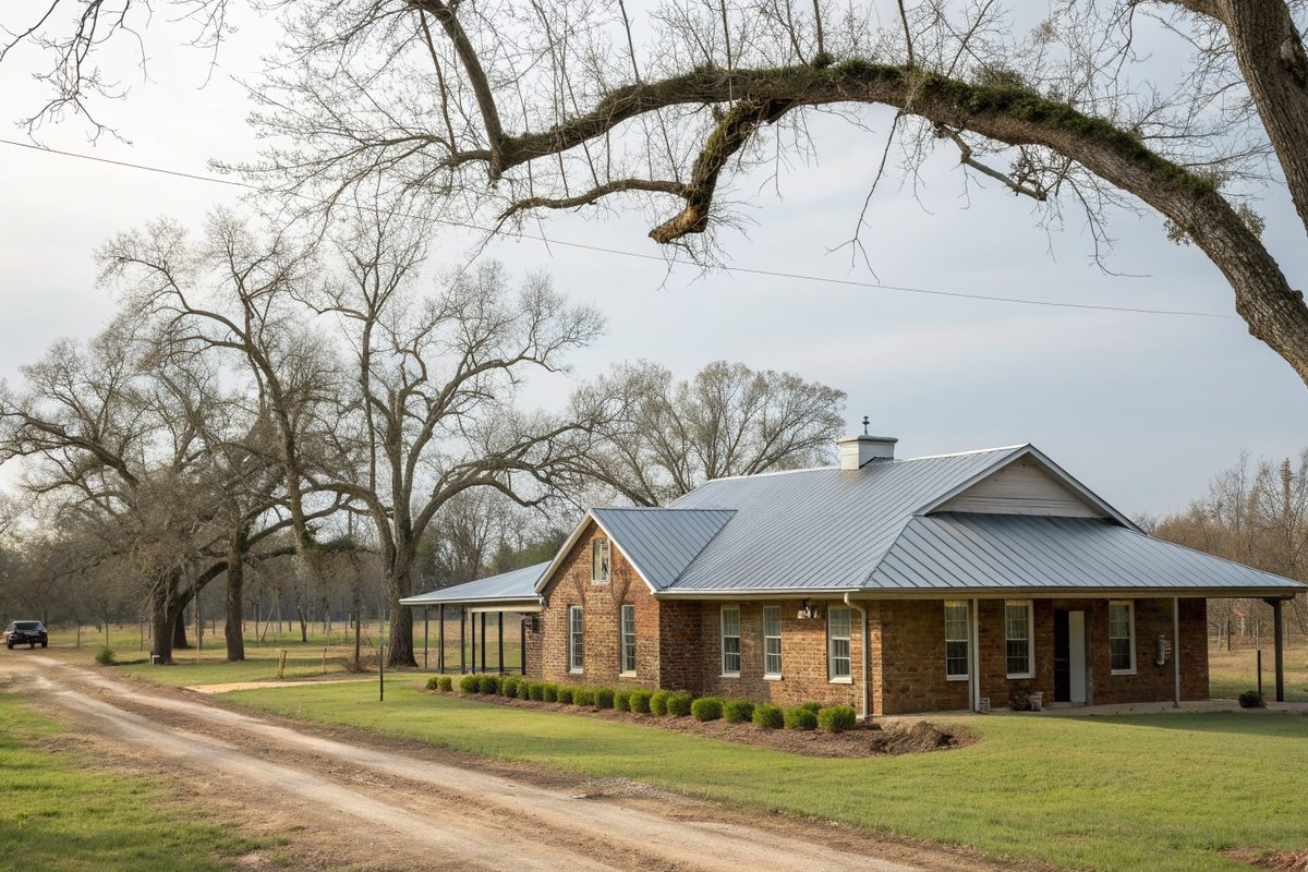 A brick ranch house with a metal-roof workshop beside a pecan orchard