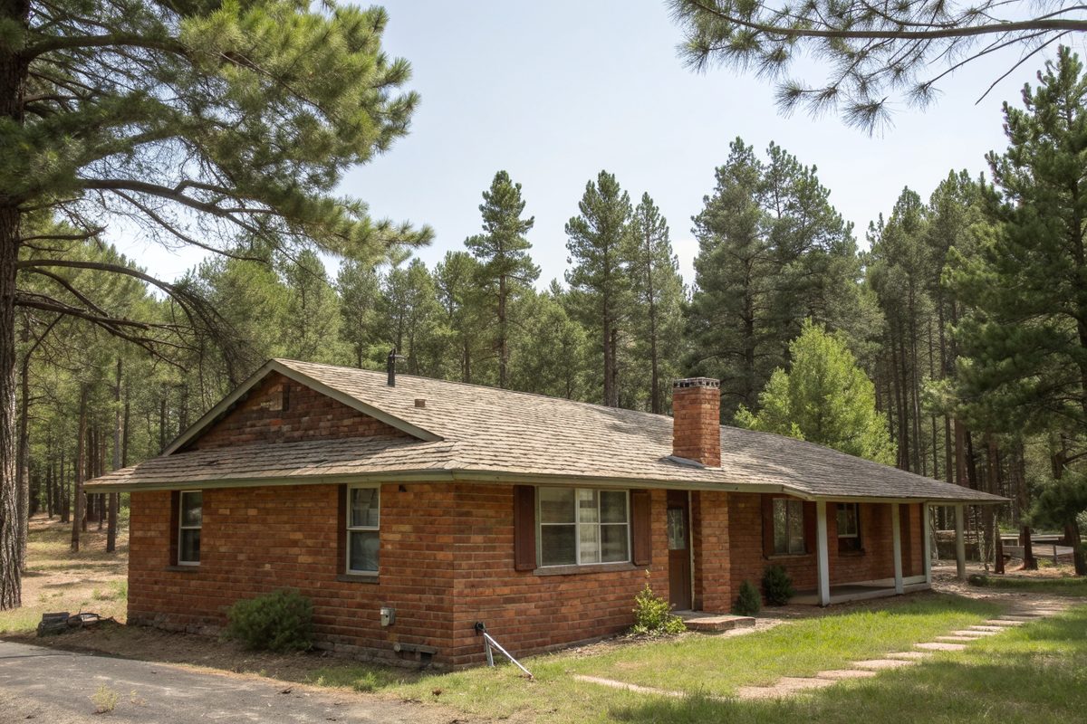 A small brick rental with a worn, curling shingle roof