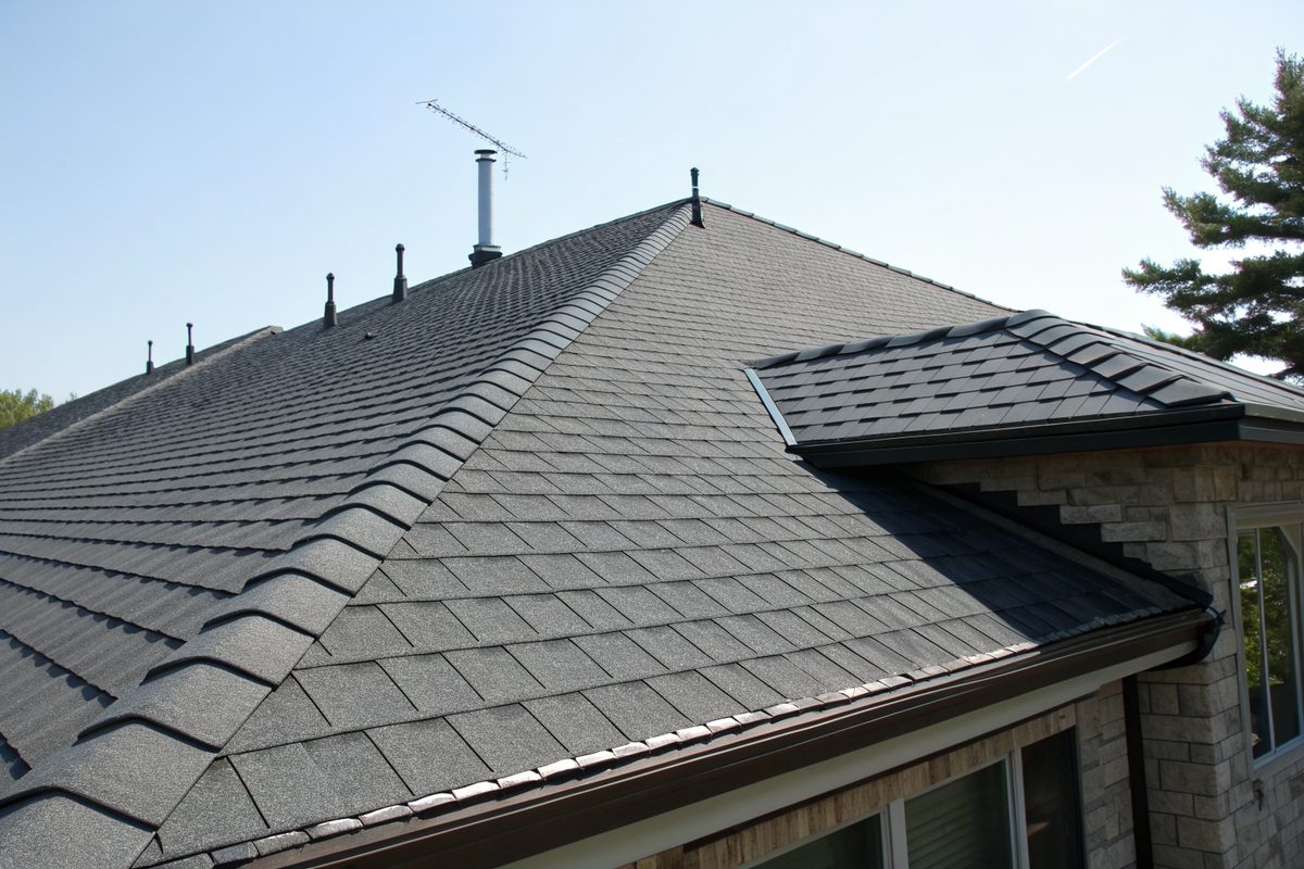 A charcoal shingle roof with a ridge vent