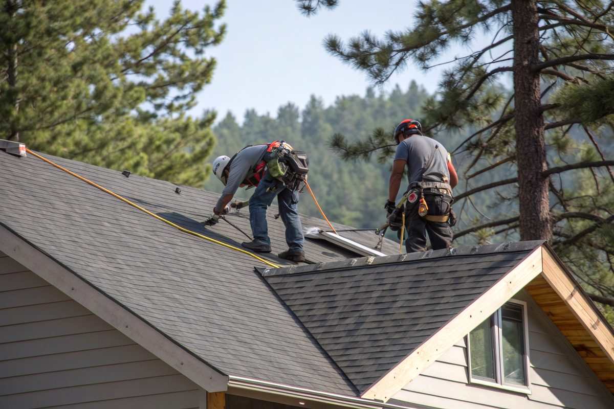 Two roofers installing new shingles on a ranch house