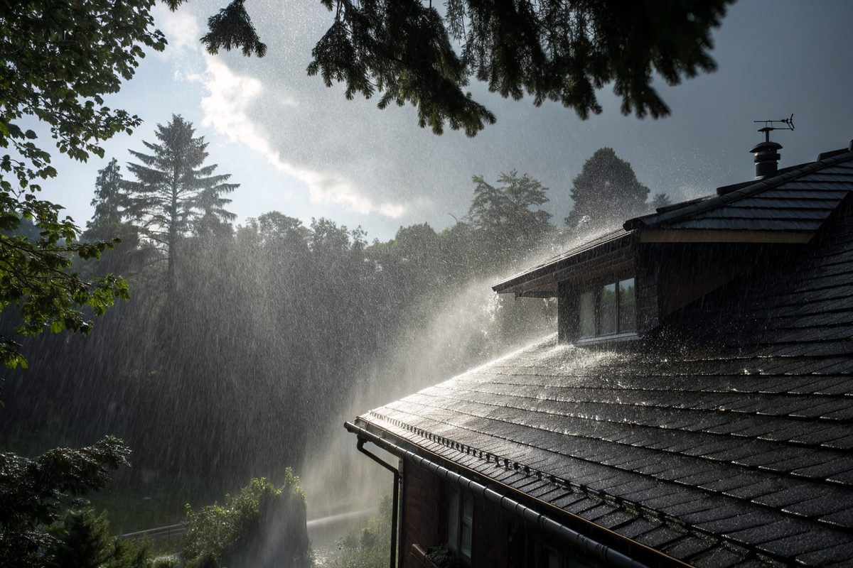 Wind-driven rain sheeting off a dark shingle roof