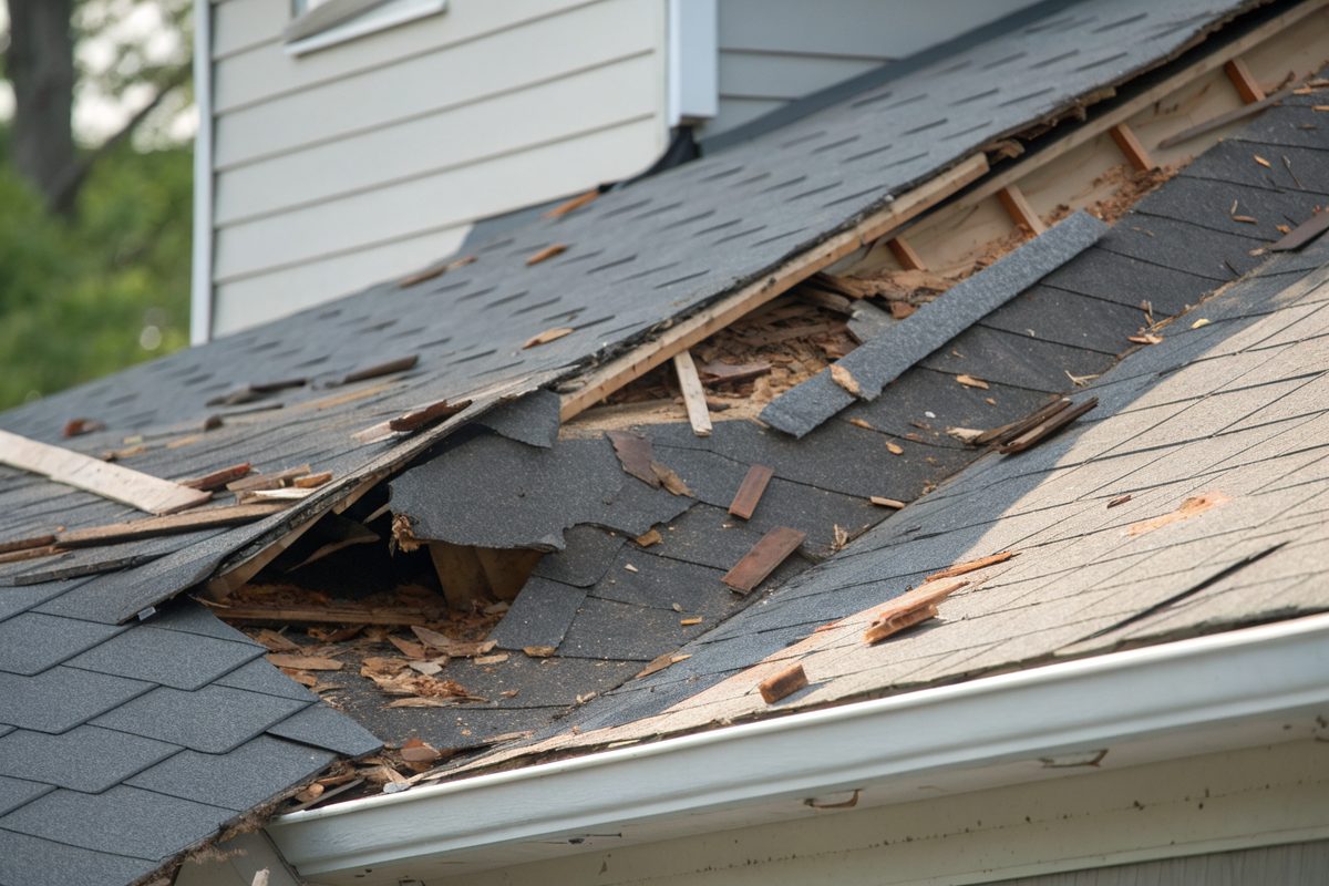 Torn and lifted shingles along a roof ridge