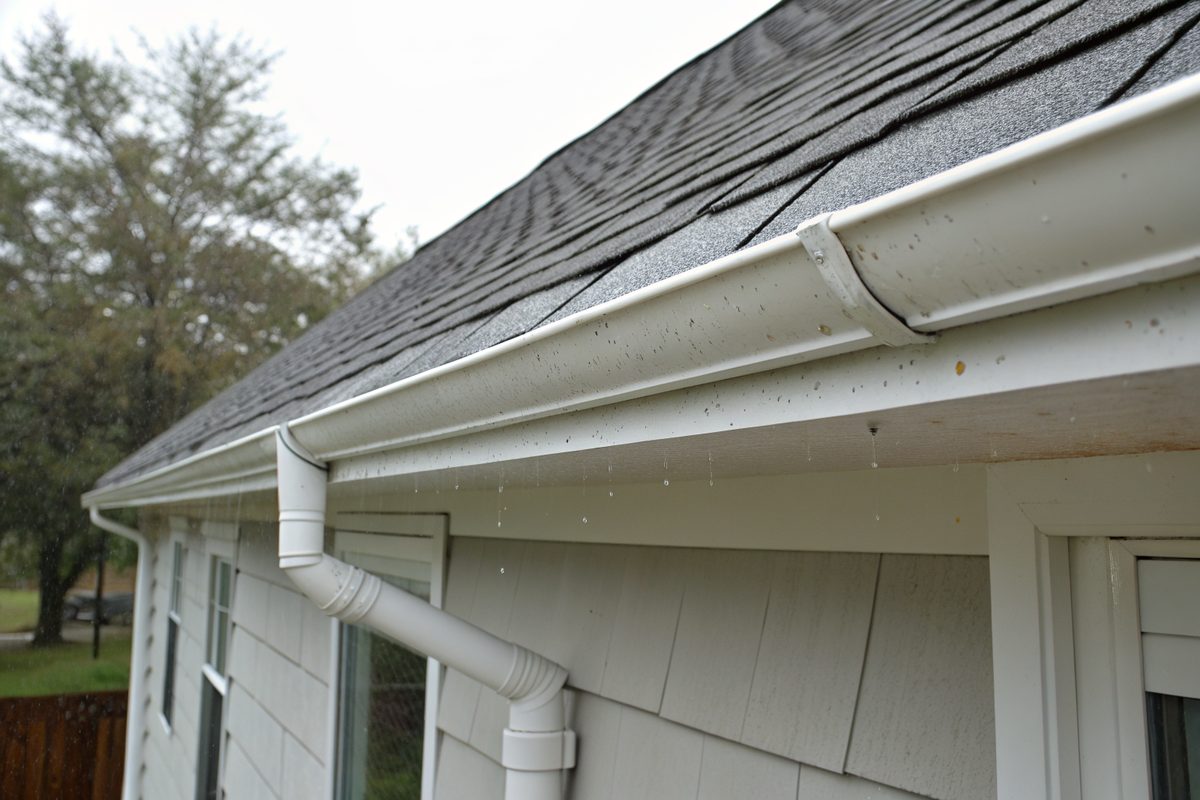 A drip edge and gutter under fresh shingles at a roof eave
